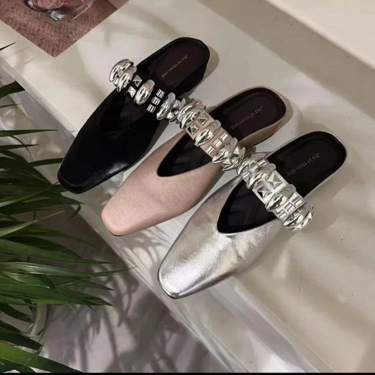 甜酷英伦风金属单鞋女2025欧洲站内增高外穿包头拖方头一字带半拖