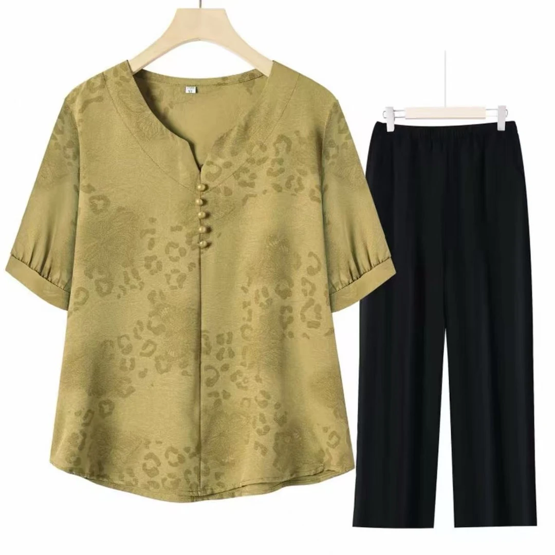 洋气妈妈夏装衬衫+裤套装显瘦夏季时尚宽松T恤中老年女装大码上衣