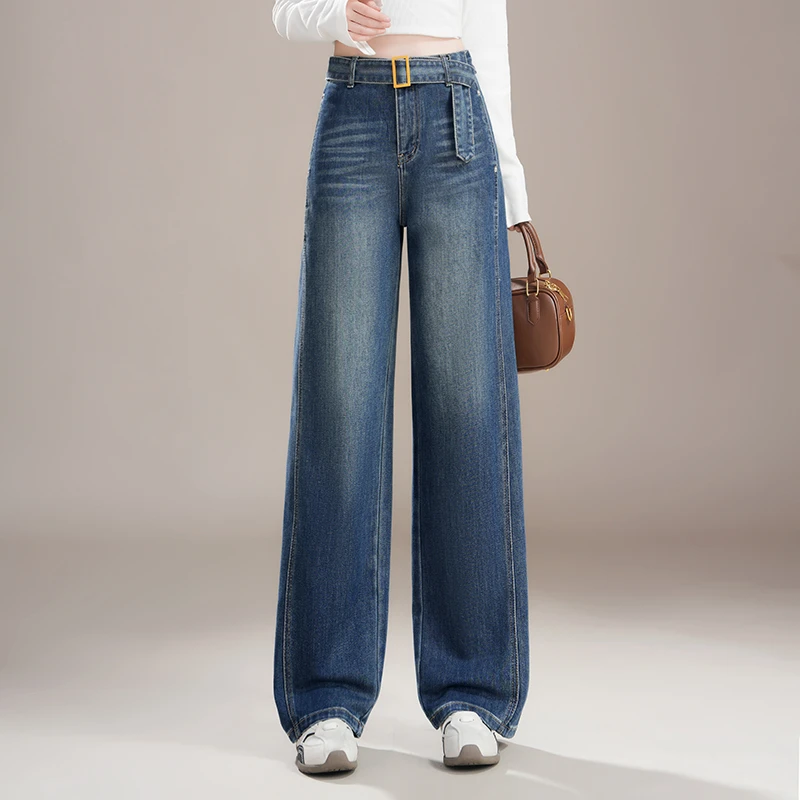 2025新款高级感春季阔腿牛仔裤女复古垂感流行慵懒高腰蓝色牛仔裤