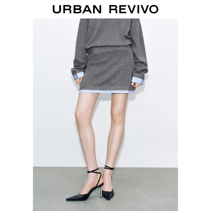 UR2025秋季新款女装休闲拼接条纹学院风针织半裙UWJ950071+