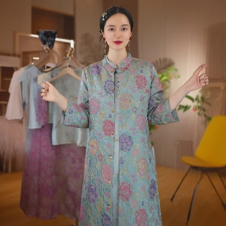 清-华彩牡丹｜秋季新款女装长款风衣外套2024B732-桃桃