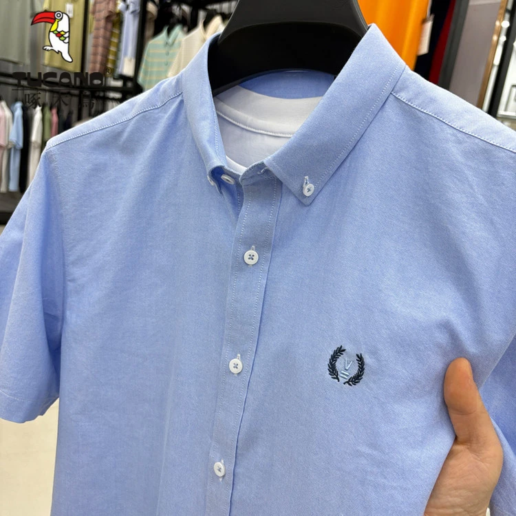 啄木鸟夏季新款休闲男士翻领纯色衬衫纯棉短袖衬衣轻奢时尚半袖