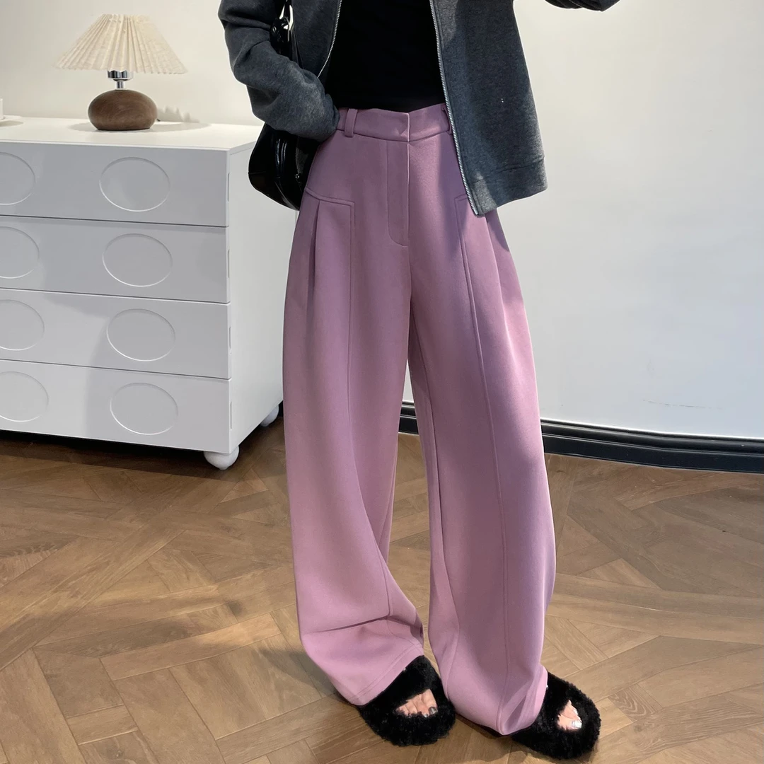 乌梅紫美式弯刀运动裤女款春秋2025新款窄版直筒休闲西装阔腿裤子