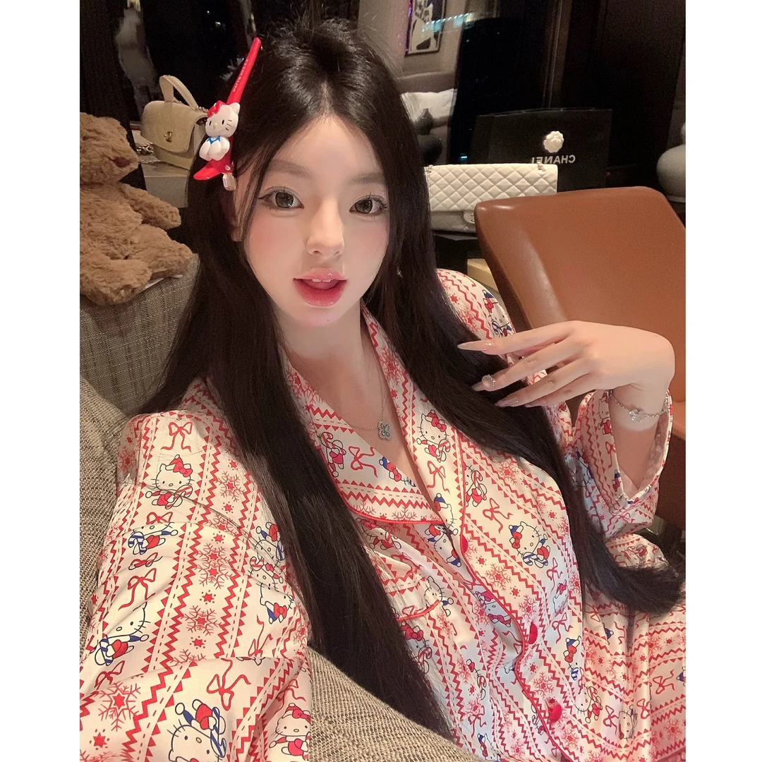 捞捞酱「新年版小K酱」冰丝缎面纯欲家居服睡衣红色本命年少女春