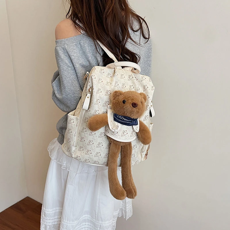 可爱玩偶双肩包包女2025夏季新款小熊印花大容量学生上课大包包