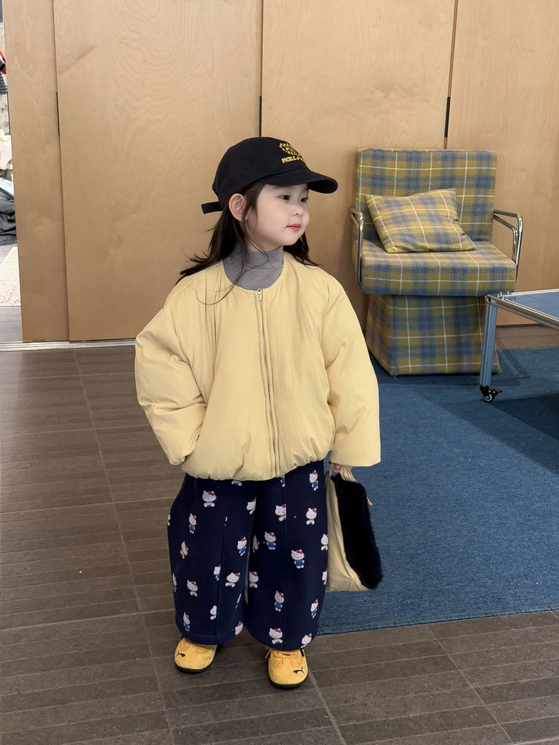 2025冬季女童浅色系鹅黄色内里手塞棉棉衣面包服帽子拆卸可爱绒裤