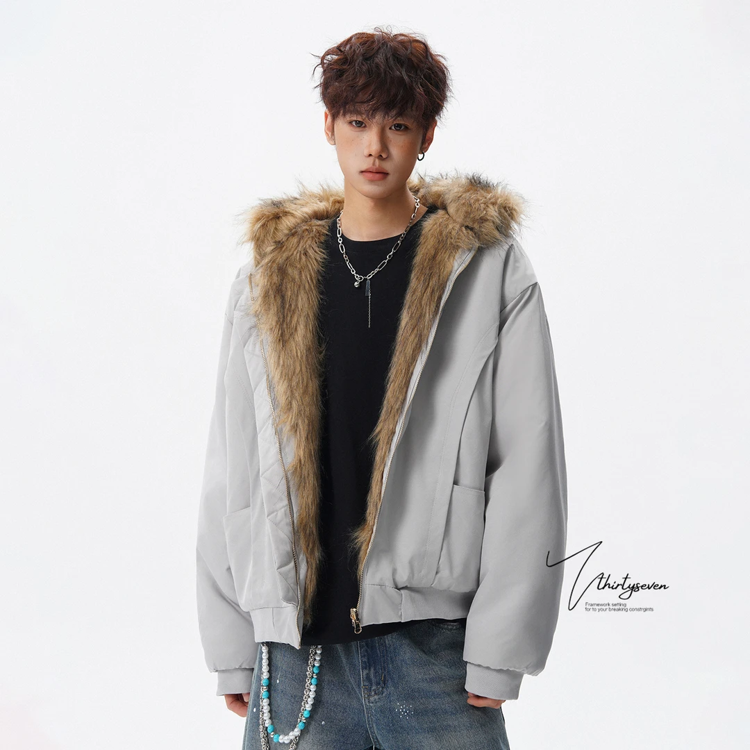 V37座山保暖两面穿连帽棉服男女冬季cleanfit工装拉链棉衣外套潮