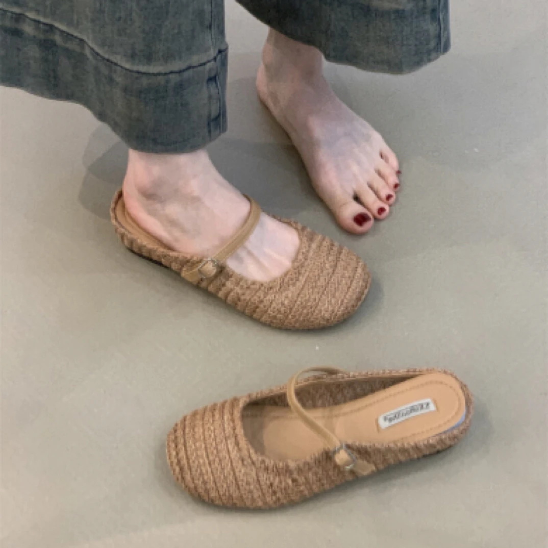 JHS-7136-2度假风复古编织包头半拖内增高波西米亚一字玛丽珍鞋