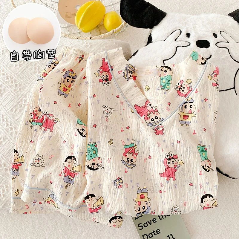蜡笔小新睡衣女夏季云朵棉短袖短裤少女V领套头可外穿家居服套装