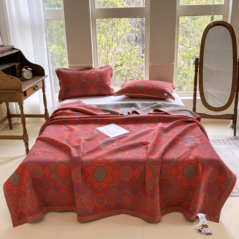 长绒棉婚庆纱布盖毯毛巾被双人结婚夏凉被全棉沙发午睡喜字盖毯子