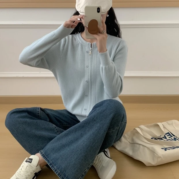 新款双拉链开衫纯色圆领针织衫韩版显瘦设计感毛衣开衫春秋百搭