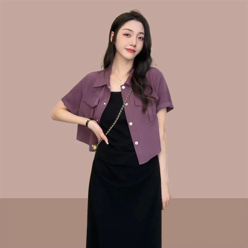 大码夏季薄款防晒服衬衫短外套女胖mm宽松正肩上衣搭配吊带裙开衫
