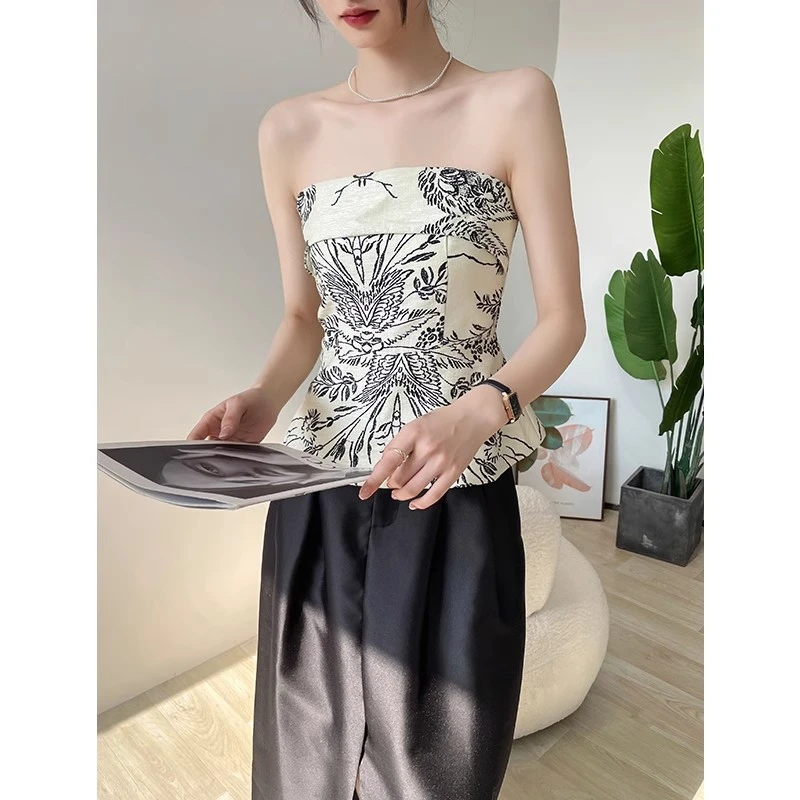 时尚套装女2025新款夏印花抹胸吊带背心上衣缎面开叉半身裙两件套