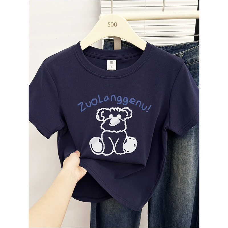 正肩藏蓝色短袖T恤女夏季2025韩版小众设计感洋气印花圆领上衣服