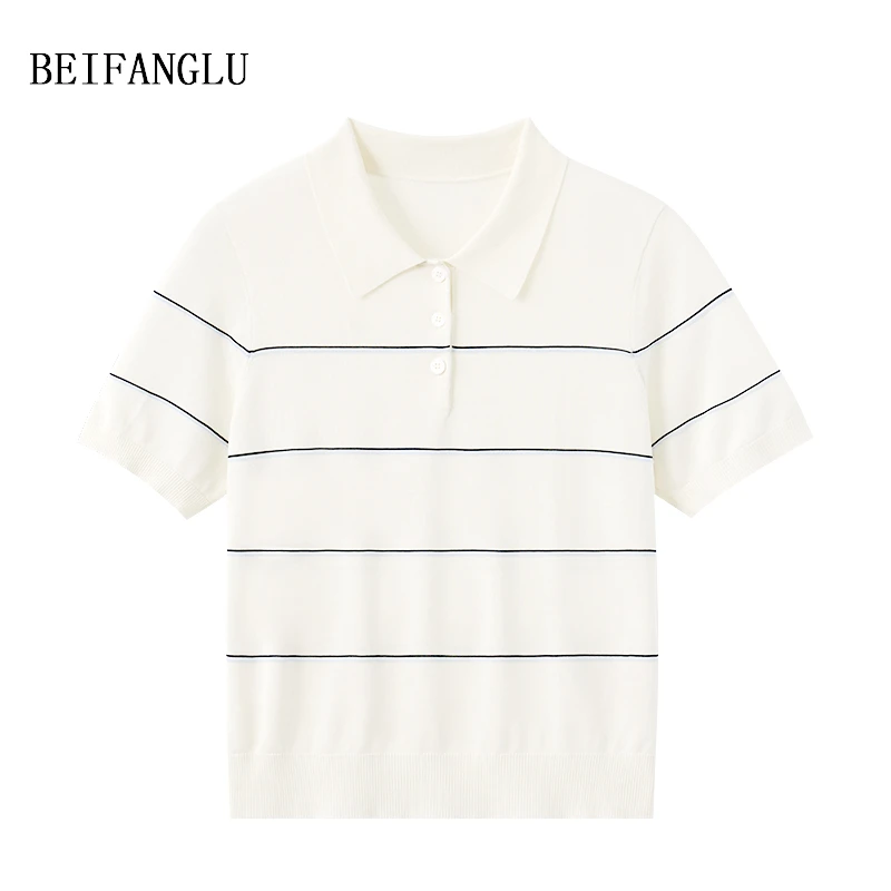 北方鹿【100桑蚕丝】简约老钱风气质POLO领撞色条纹针织短袖女32017