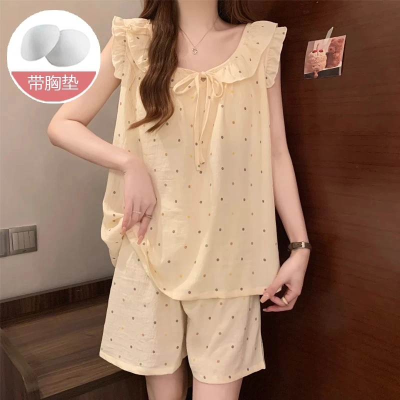 简约波点背心短裤带杯垫睡衣女套装夏季2025新款带胸垫大码家居服