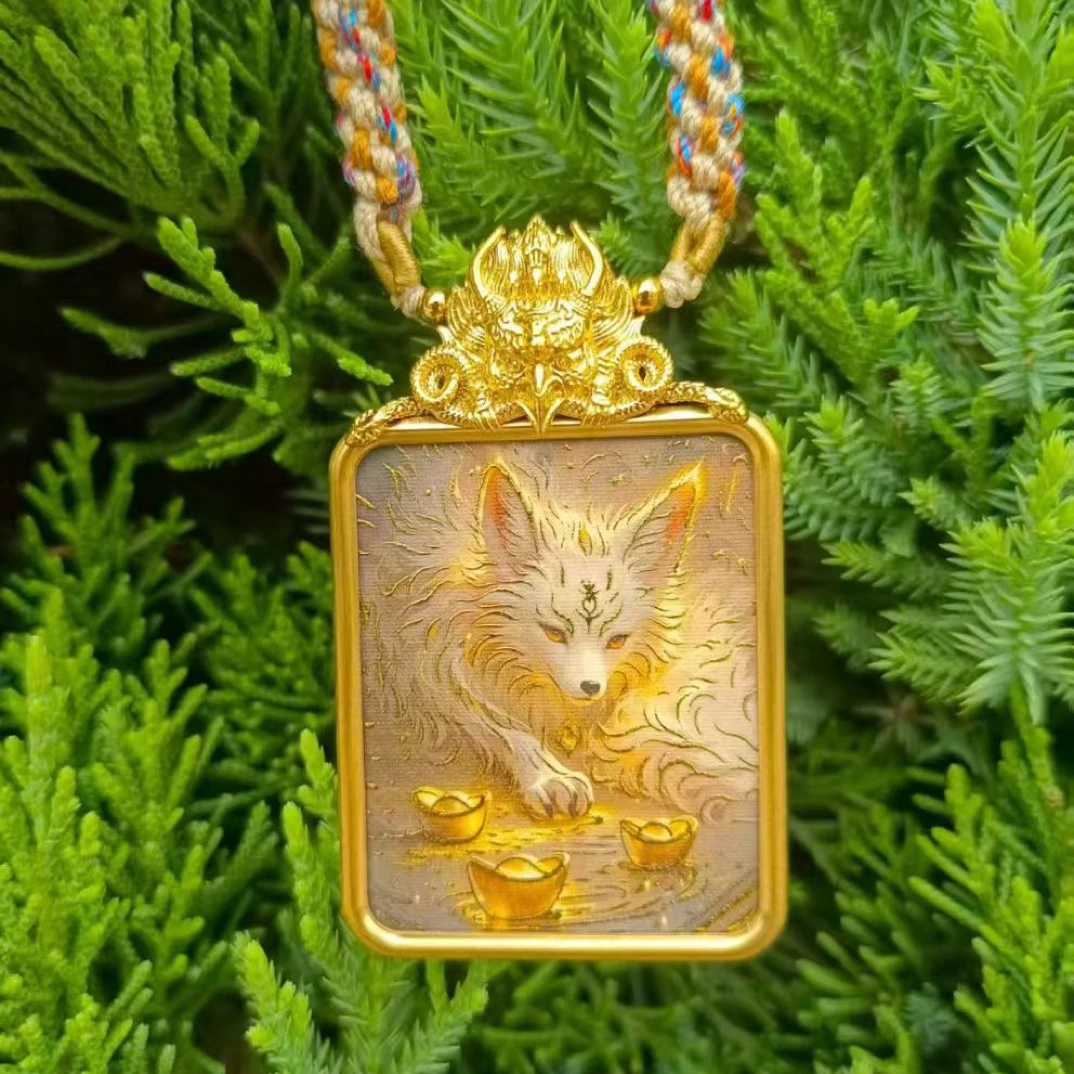 铜吊坠 九尾狐唐卡编绳挂坠