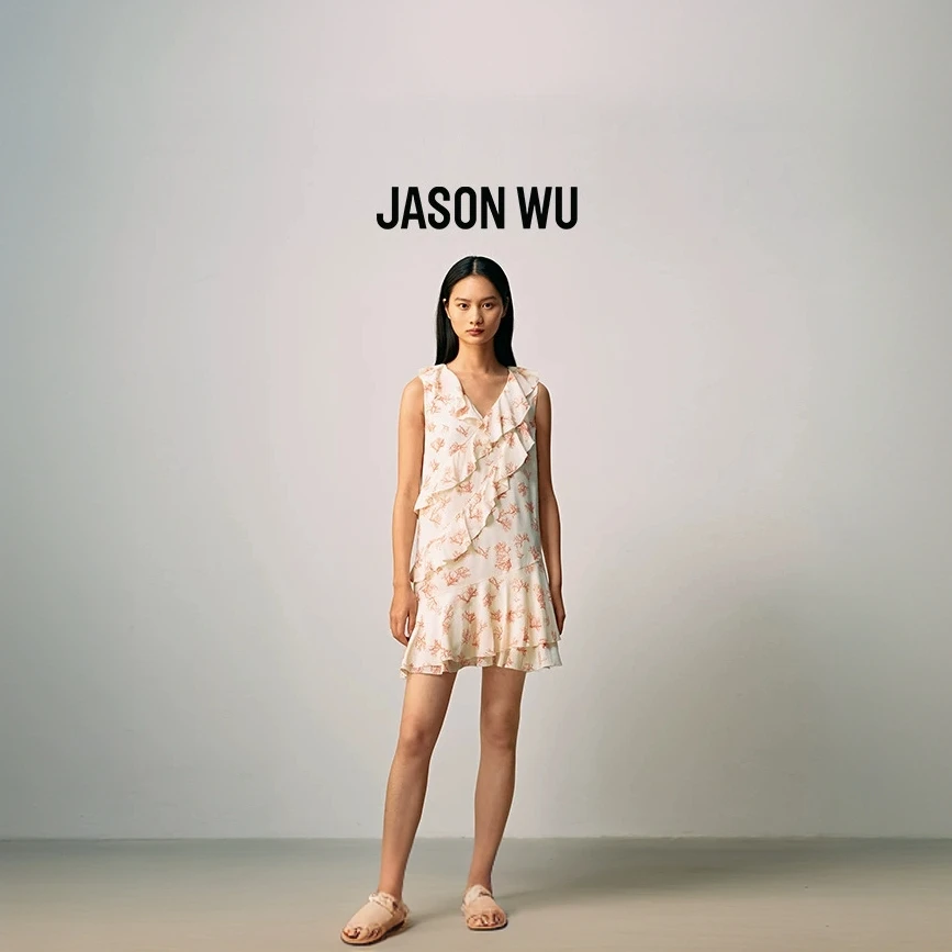 JASONWU秋季新款印花荷叶边休闲通勤新中式裙子长裙小众女装