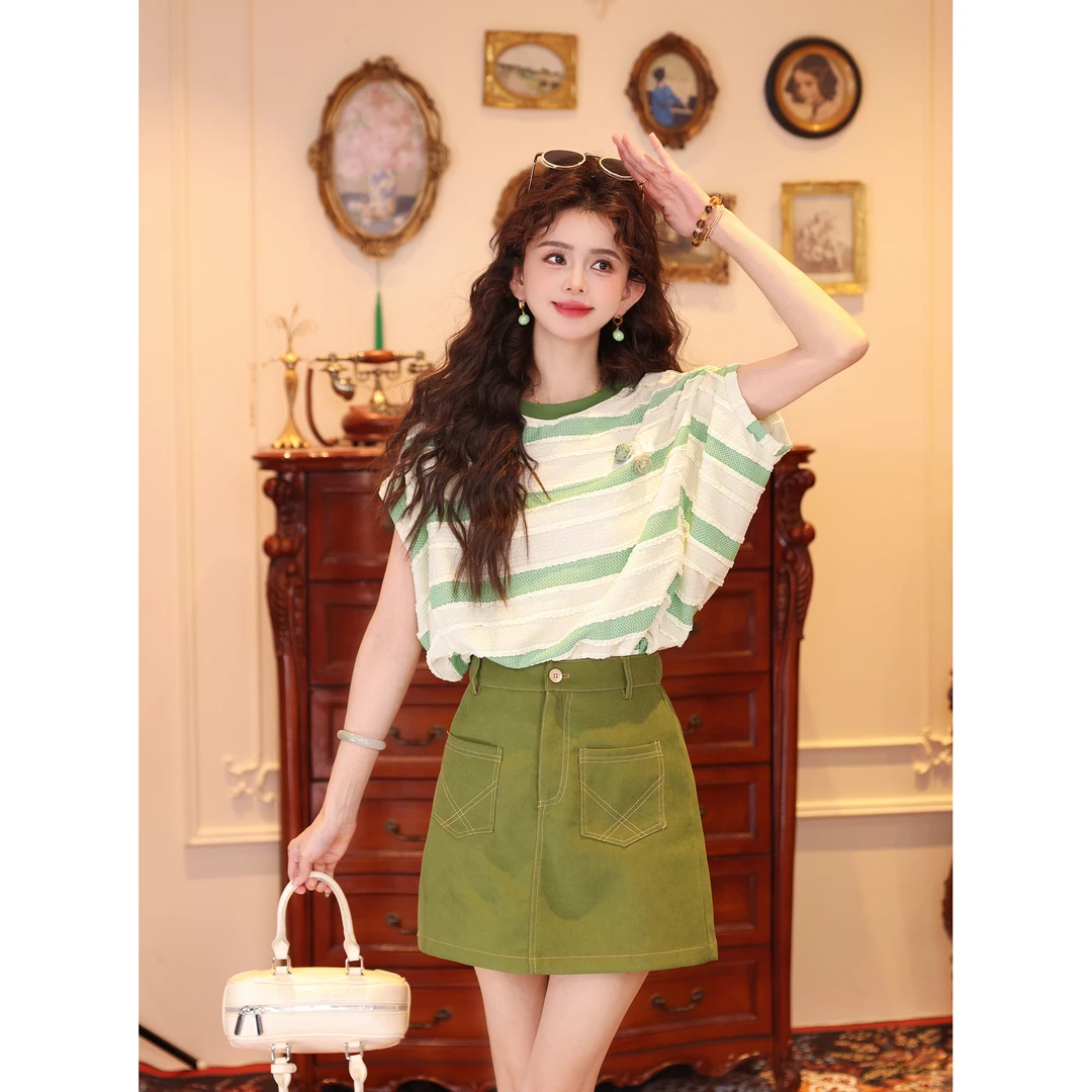 陈大器【薄荷海盐】港风复古条纹夏季短袖条纹T恤休闲上衣JW2023538