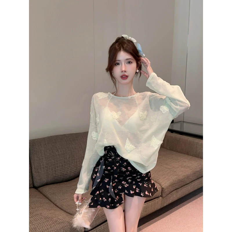 法式气质设计感圆领后背系带宽松防晒衫高腰绝美印花鱼尾裙女套装