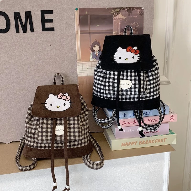 ANNA绿光派对同款日系可爱kitty猫双肩包新款复古格子大容量绒面