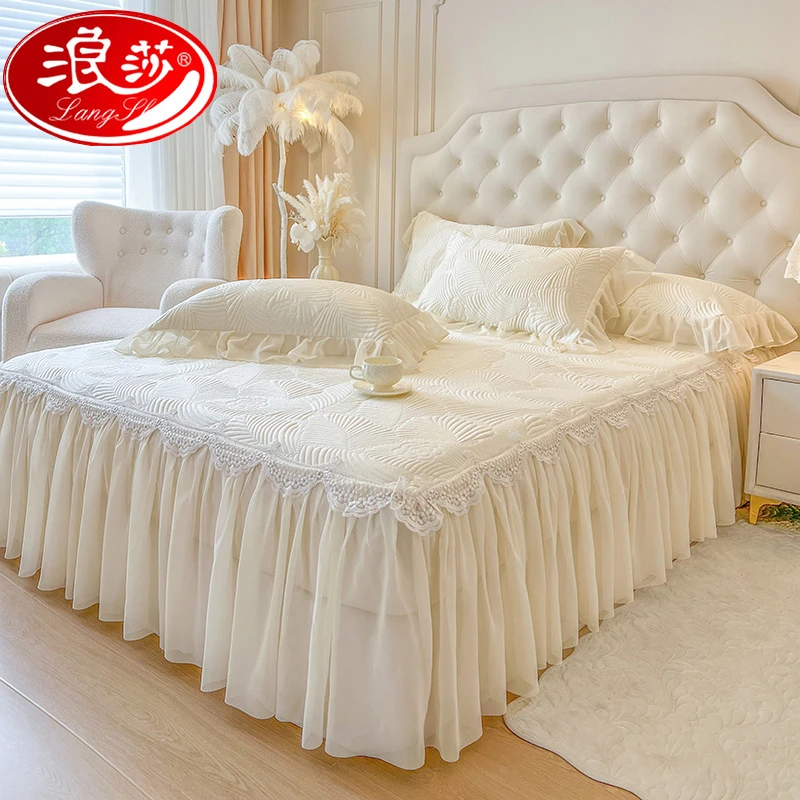 浪莎蕾丝床裙款凉席三件套夏季可机洗冰丝凉感空调席床笠软席