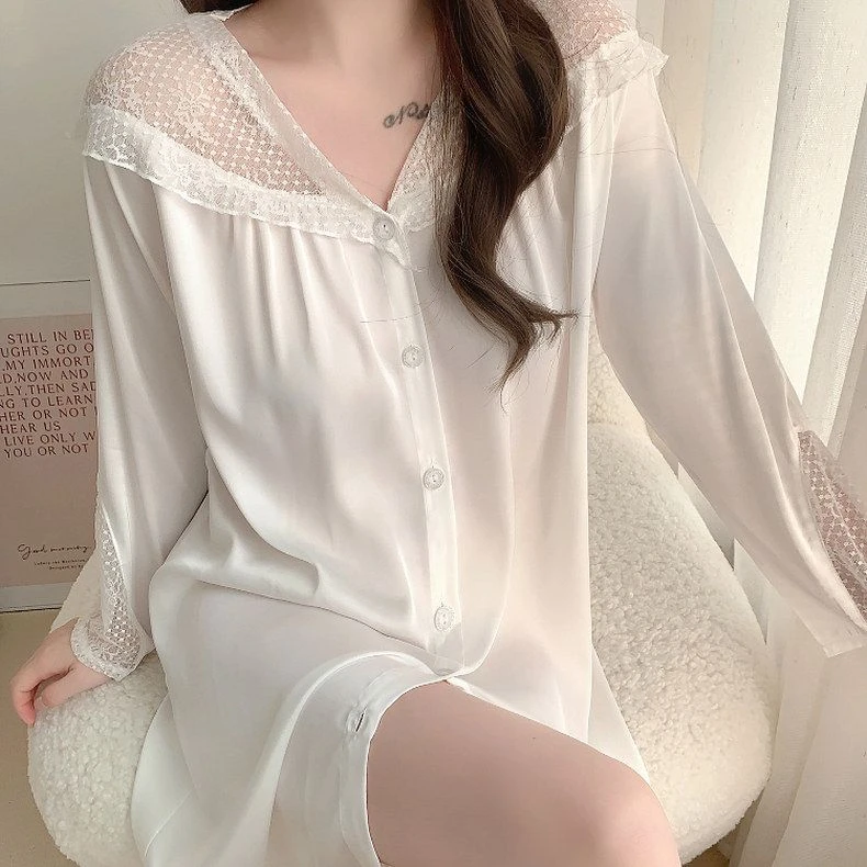 冰雪丝睡裙春夏长袖性感高颜值高档宽松休闲大码甜美蕾丝衬衫裙短