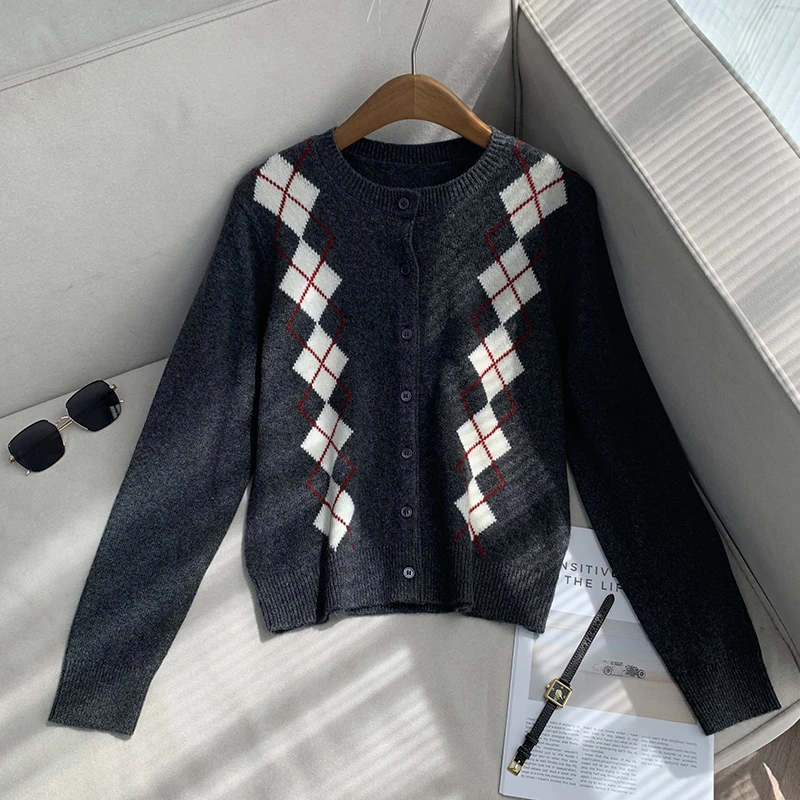 【南油溪溪】复古菱格针织衫秋冬格纹撞色羊毛开衫毛衣外套女801043