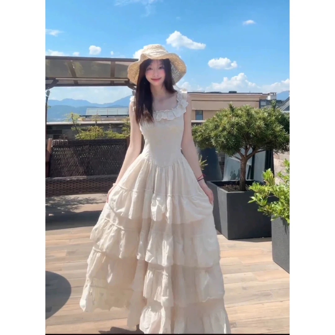 法式小飞袖吊带连衣裙女装夏季海边度假生日公主裙蓬蓬蛋糕长裙子