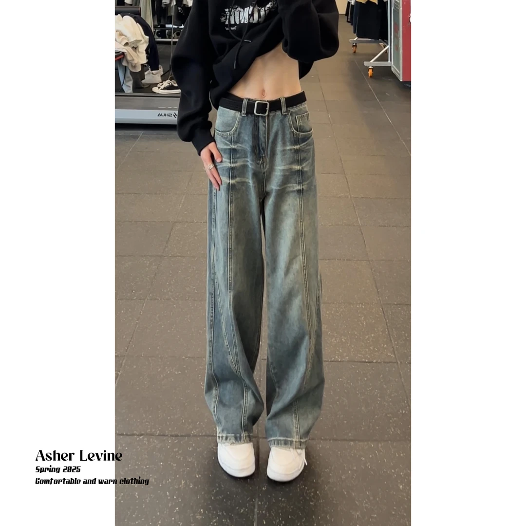 水洗做旧拼接牛仔裤男直筒宽松阔腿美式高街裤子潮牌痞帅复古长裤