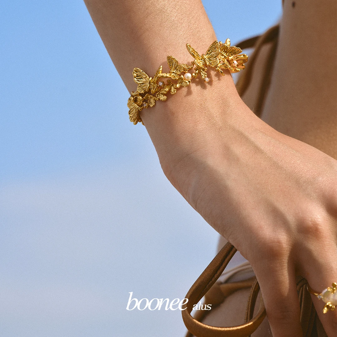boonee alus 铜合金合成锆石手镯 金色蝴蝶开口手镯小众精致镯子