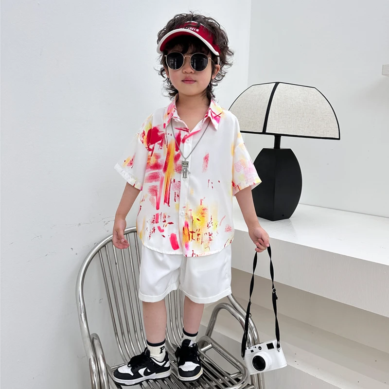 男童短袖花衬衫港风夏装2025新款洋气宝宝网红炸街儿童短裤套装潮