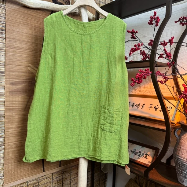 夏季圆领百搭复古设计款纯色背心(衣长73 胸围128)