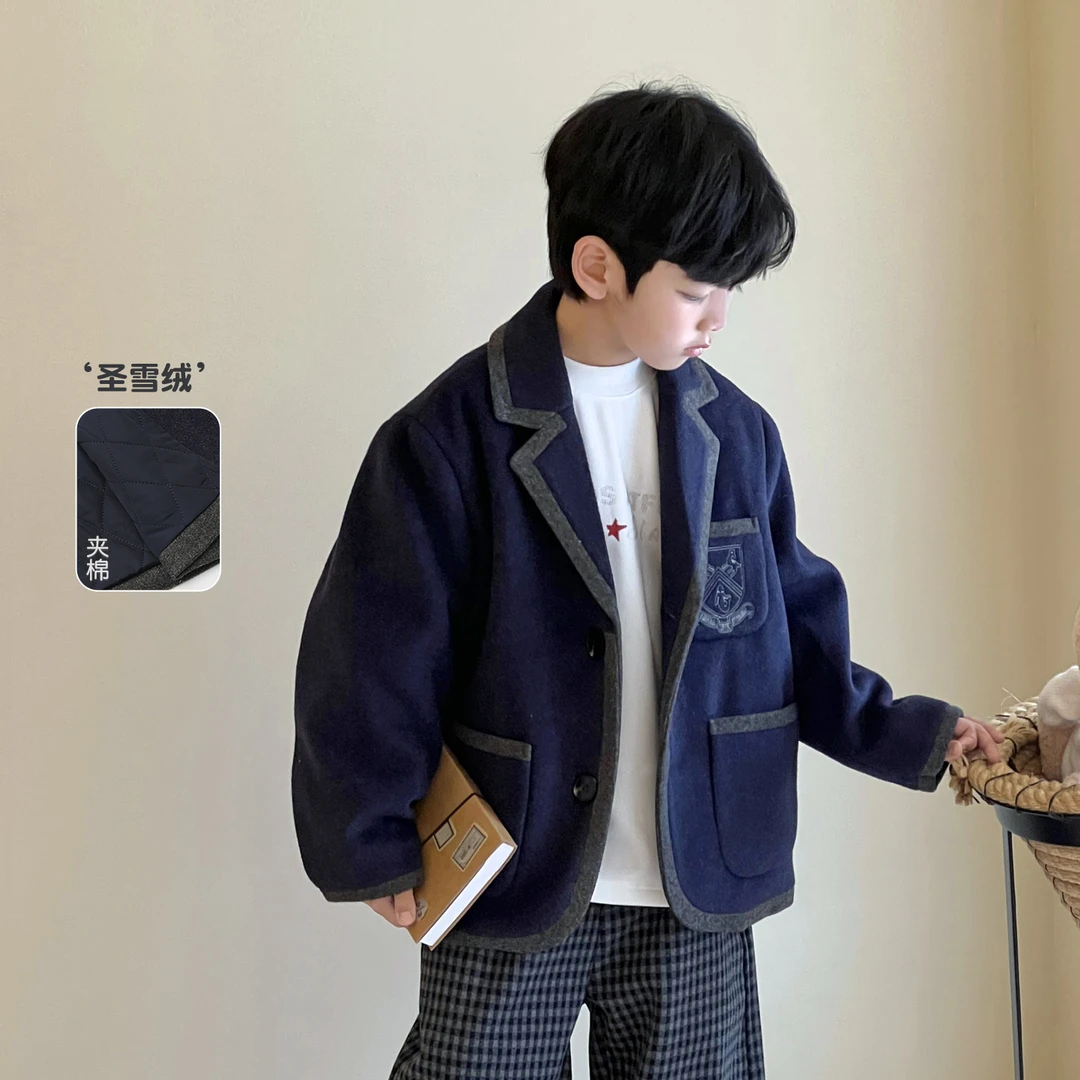 1.4号新品 短款毛呢西装儿童休闲学院风冬保暖夹棉外套5127734O0