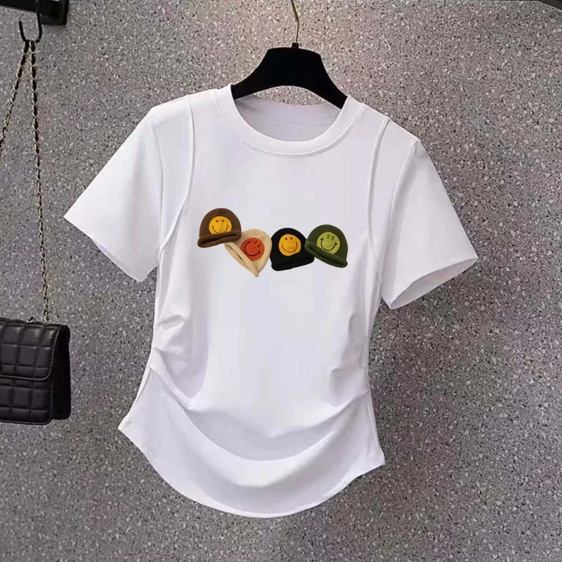 纯棉修身显瘦短袖t恤女2025夏季新款正肩褶皱百搭小众设计感上衣