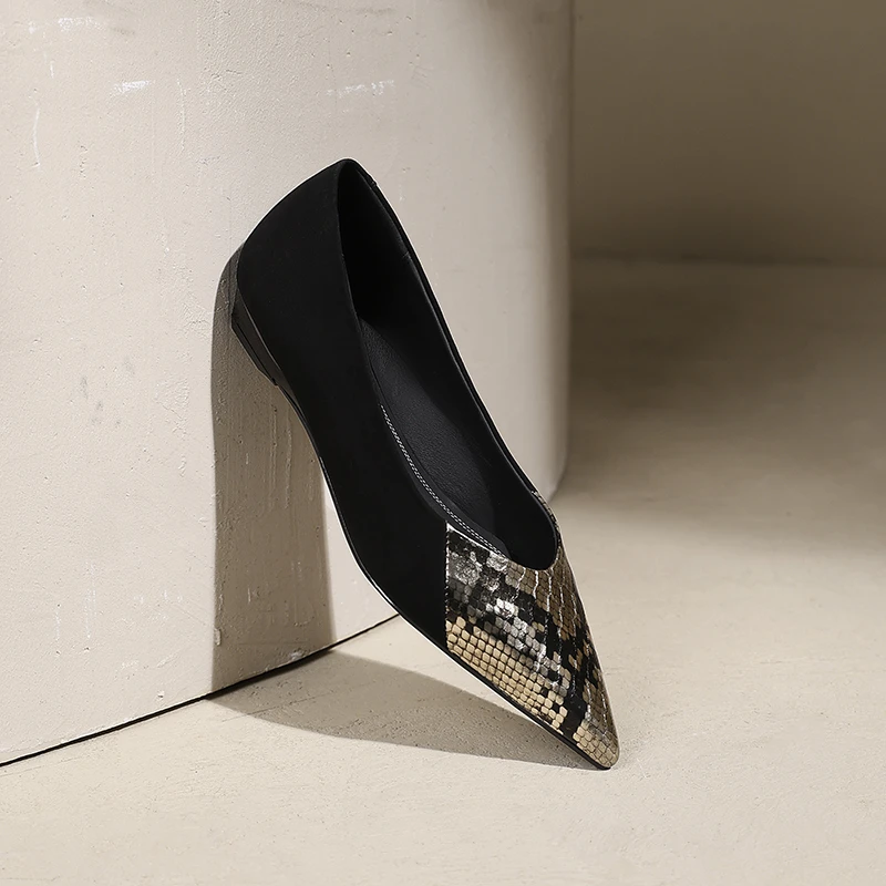 春季新款尖头中式水墨花纹拼接真皮女士浅口低跟单鞋 A-MGM-3837