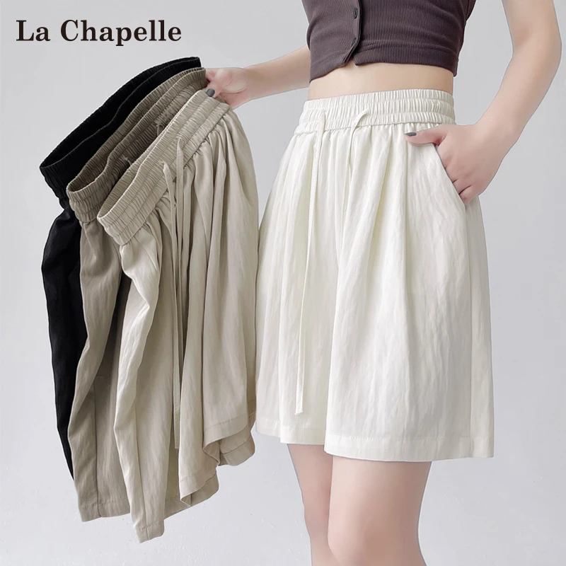 拉夏贝尔速干冰丝短裤女夏季小个子松紧腰高腰显瘦宽松阔腿五分裤