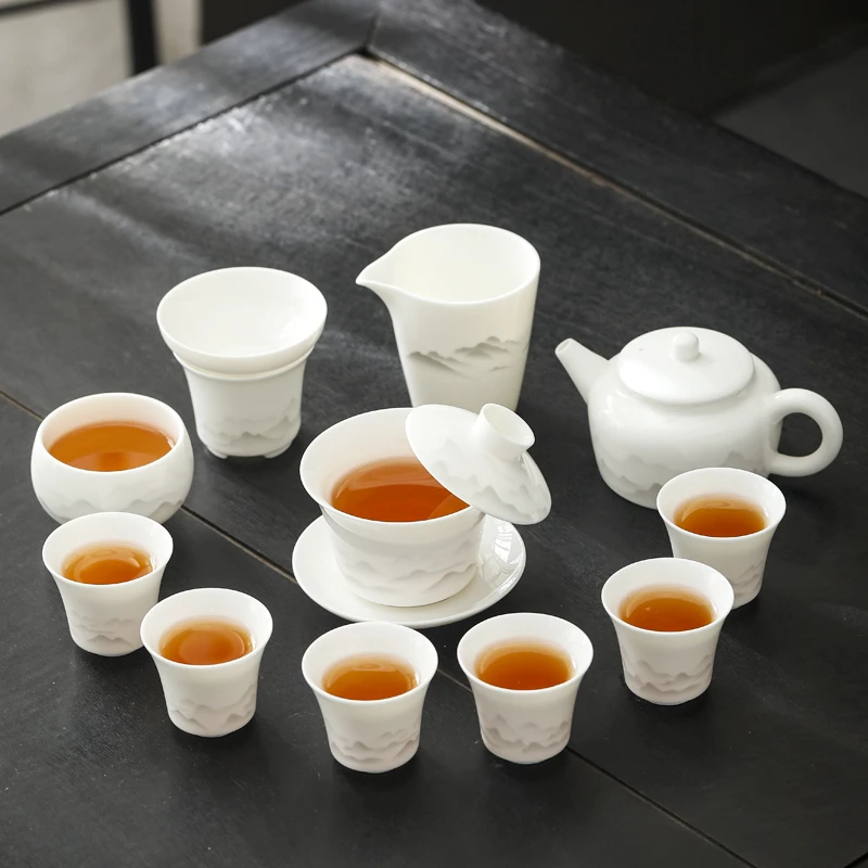 远山羊脂玉悬停盖碗德化白瓷功夫茶具套装高端全套办公室家用整套