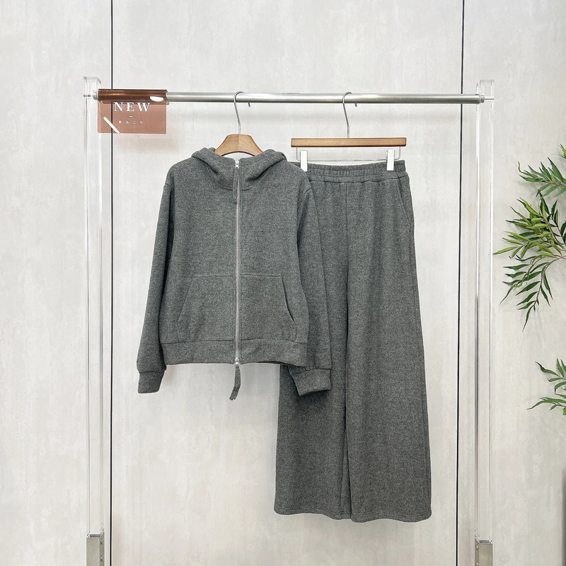 韩系新款加厚百搭连帽拉链卫衣外套直筒休闲卫裤加绒套装冬季3561