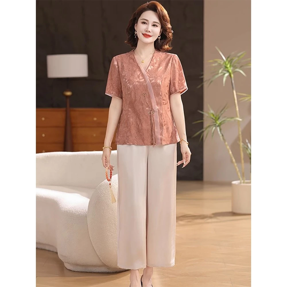 恒源祥彩羊母亲节妈妈夏装仿冰丝套装气质新款新中式国风小衫中老