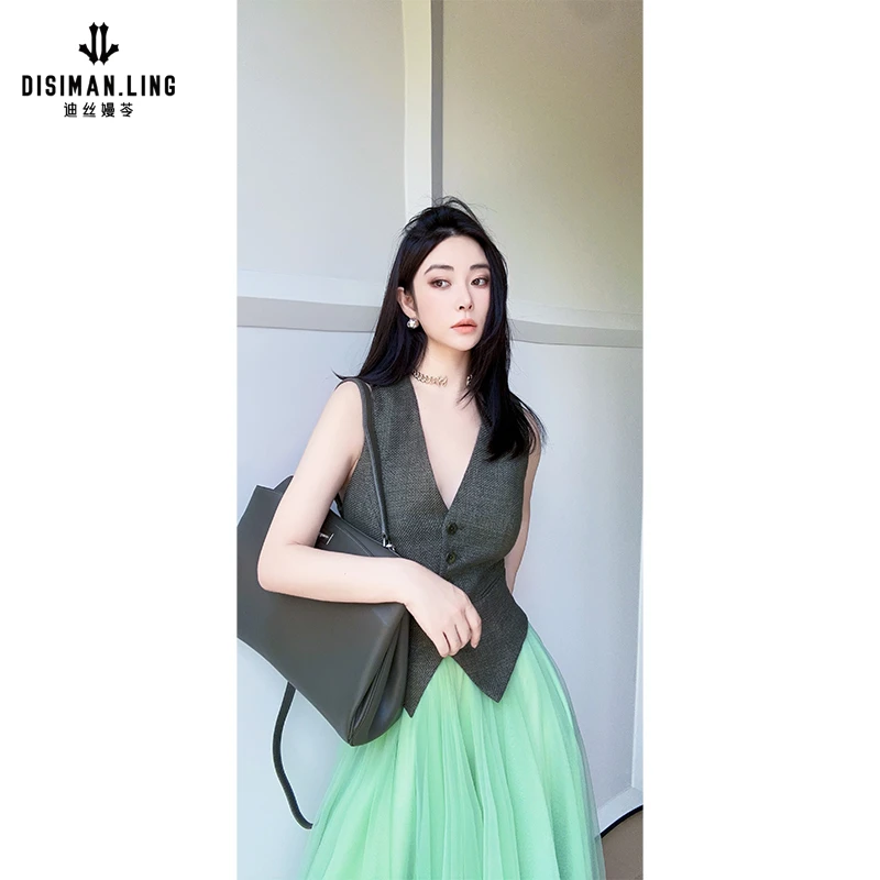 迪丝嫚苓绿色马甲时尚百搭修身无袖夏季女士显瘦原创设计复古