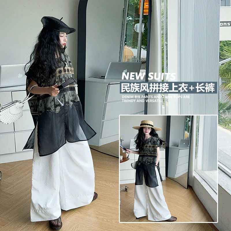 女童套装夏季2025新款女孩中大童复古风假两件儿童拼接阔腿两件套