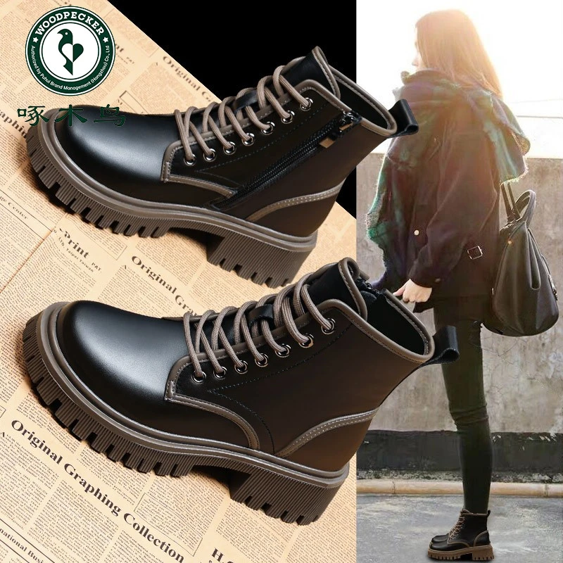啄木鸟马丁靴女款冬季2025新款加绒时尚厚底英伦风粗跟超火短靴子