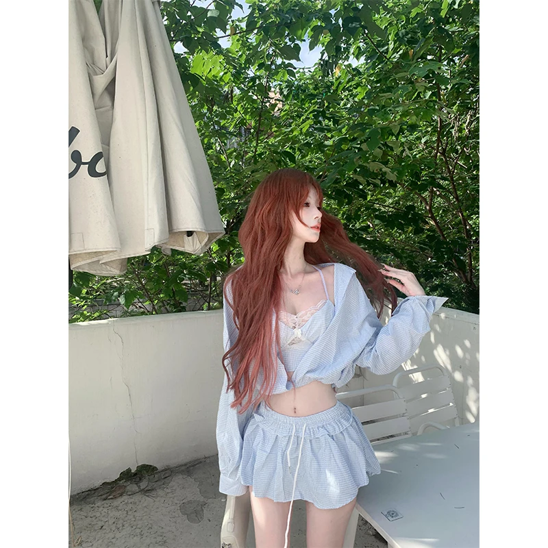 女生韩系ins衣服短款长袖衬衫辣妹纯欲风蕾丝内搭吊带抽绳短裙