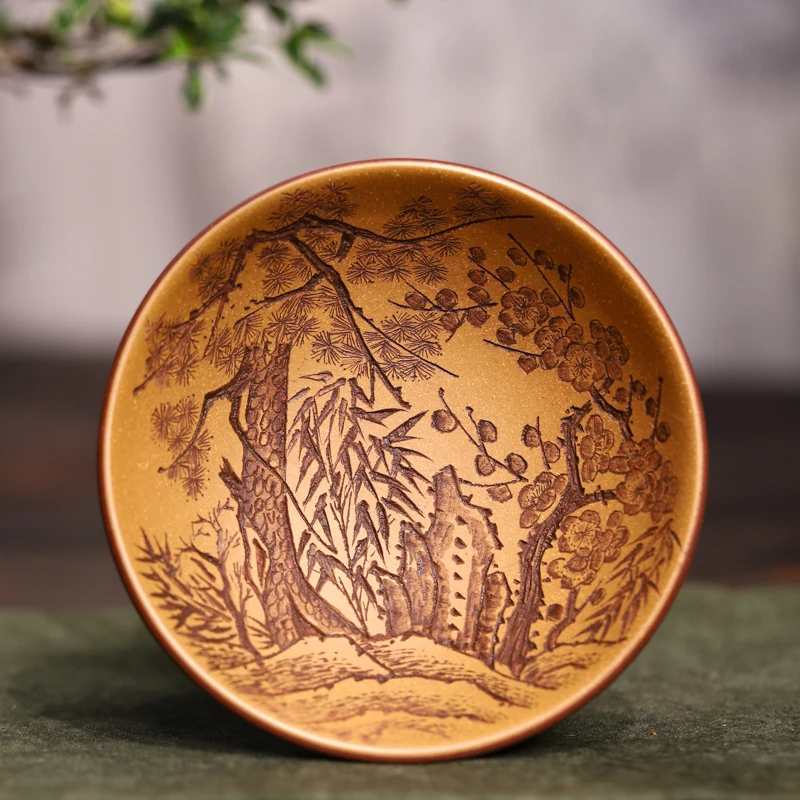 宜兴紫砂 | 蜀垚经典内粉浆黄段 岁寒三友紫砂大碗主人杯