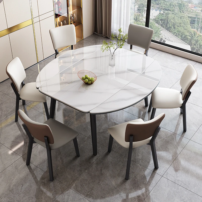 亮光岩板轻奢餐桌组合现代简约家用小户型客厅方圆两用伸缩饭桌