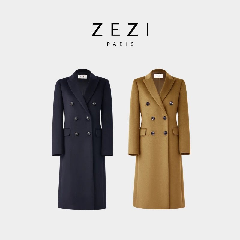 ZEZI【钱老板专属】羊毛+驼绒+桑蚕丝双排扣毛呢长大衣时尚Z13C742D