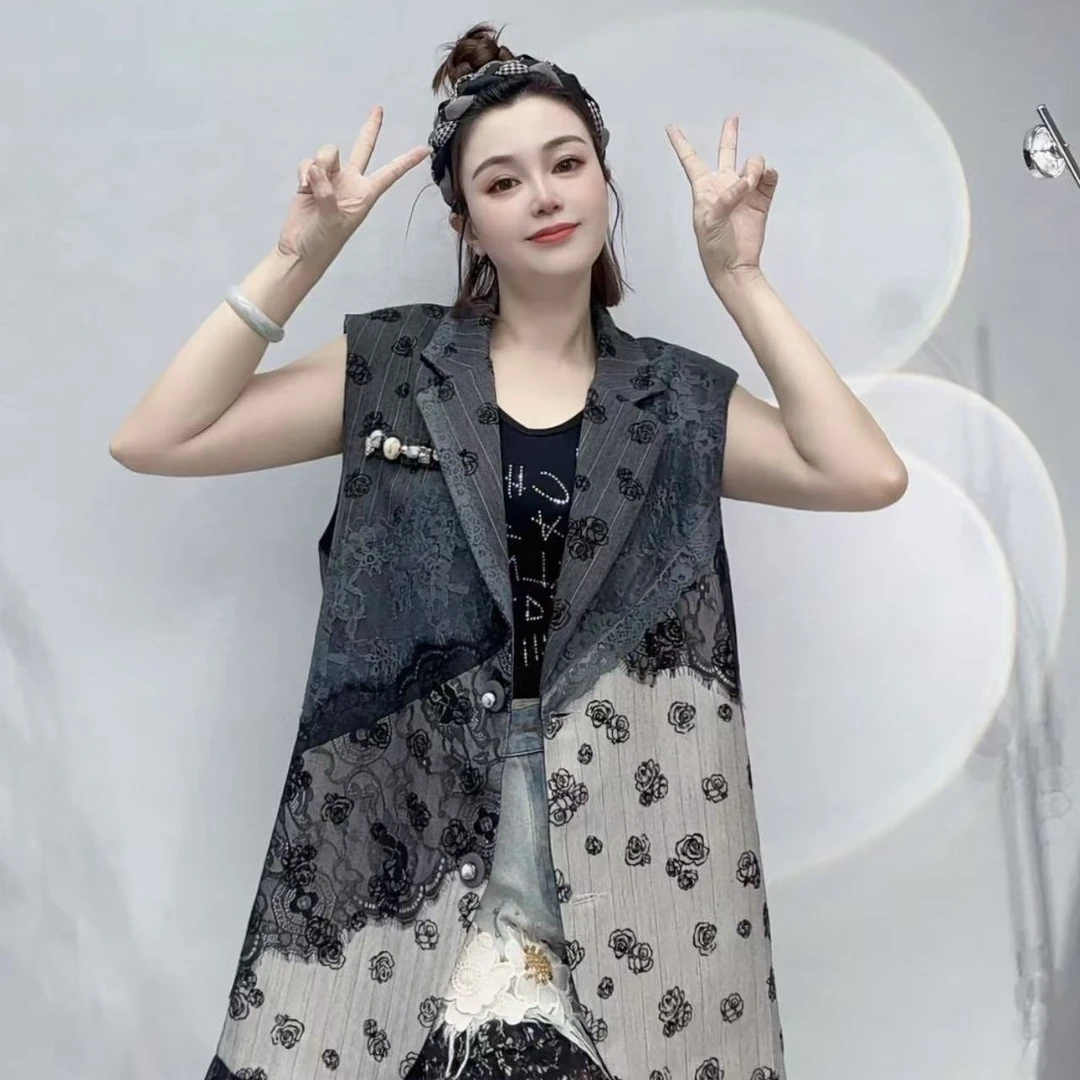 欧货女装原创设计新款拼接进口蕾丝花边拼玫瑰花马甲