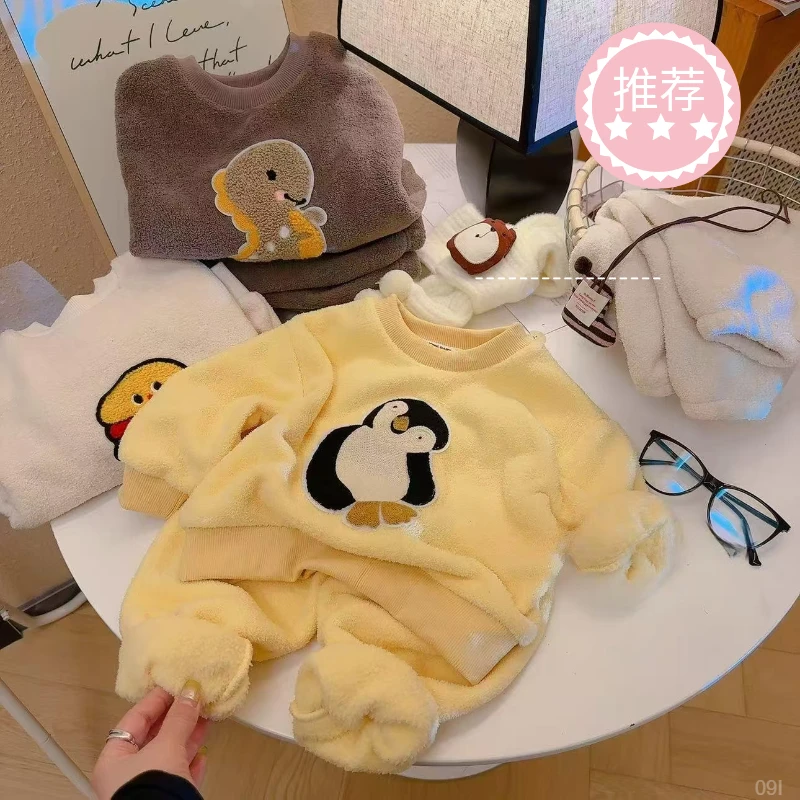 儿童加绒睡衣秋冬季新款加厚家居服男童女童云朵绒外穿保暖套装