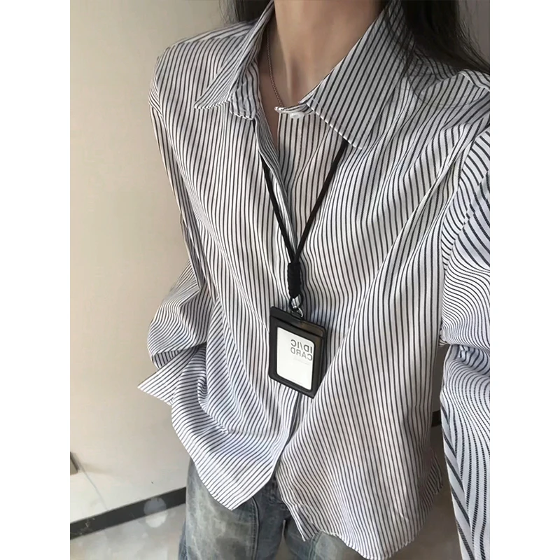 黑色条纹长袖衬衫男秋季小众高级感开衫衬衣宽松通勤情侣上衣外套